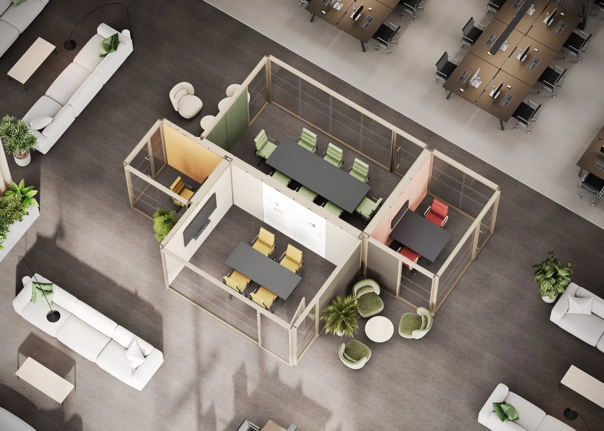 Aerial view of an Optima AMR village laid out across an open-plan office